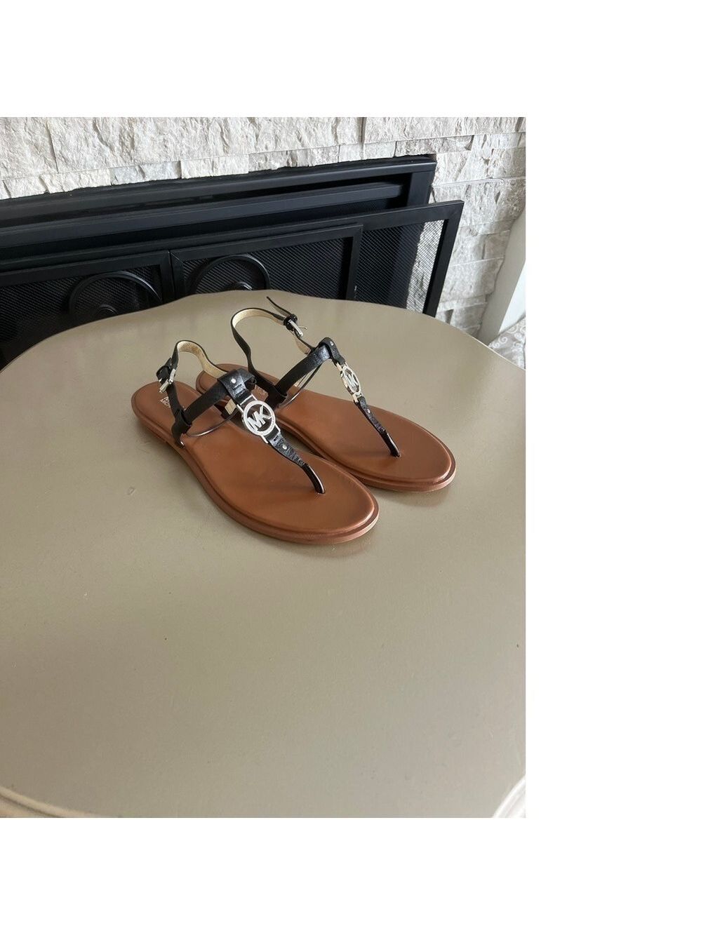 Michael Kors Sondra Black Saffiano with Silver Logo Sandals, Used, Size 10